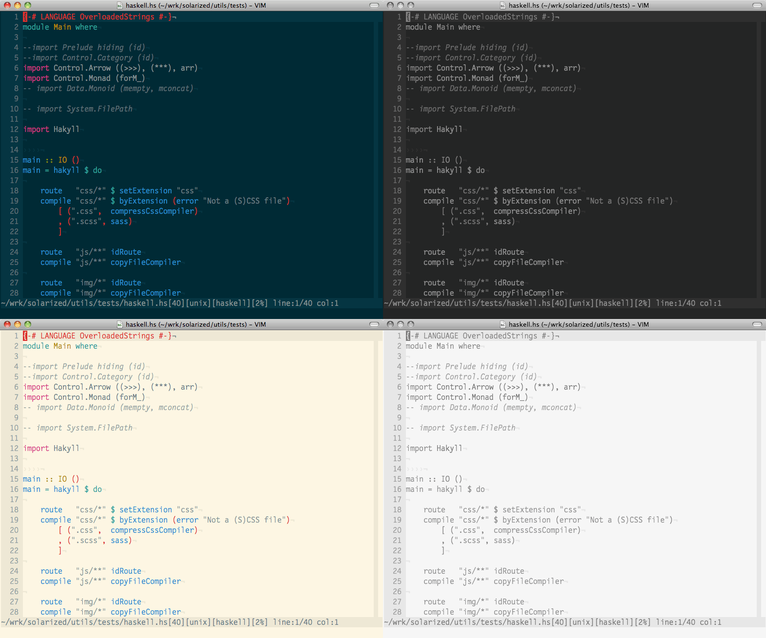 An example of syntax highlighting under the Solarized color scheme, next to their monochromatic representations